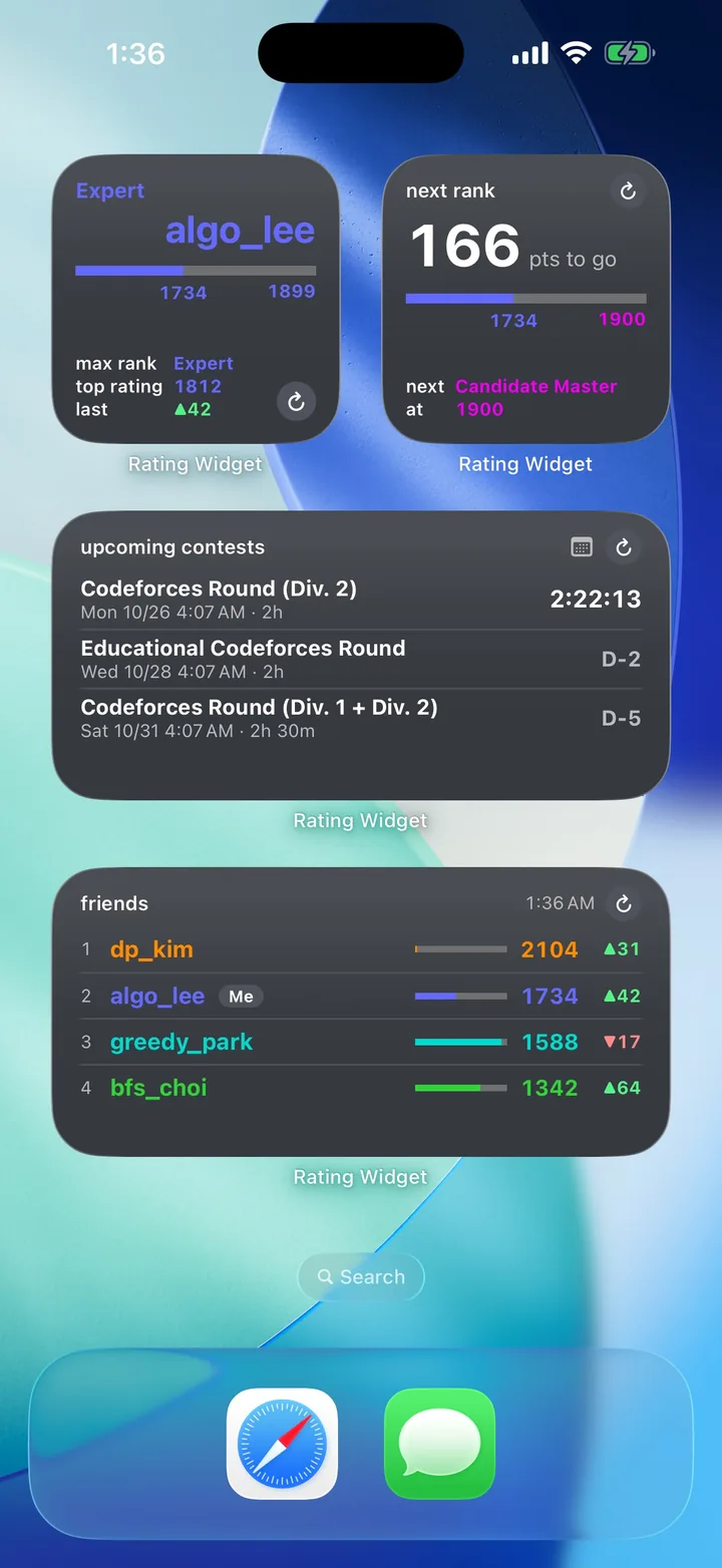 Four Rating Widget widgets on an iPhone Home Screen: rating, 166 points to the next rank, upcoming contest countdown and friends ranking