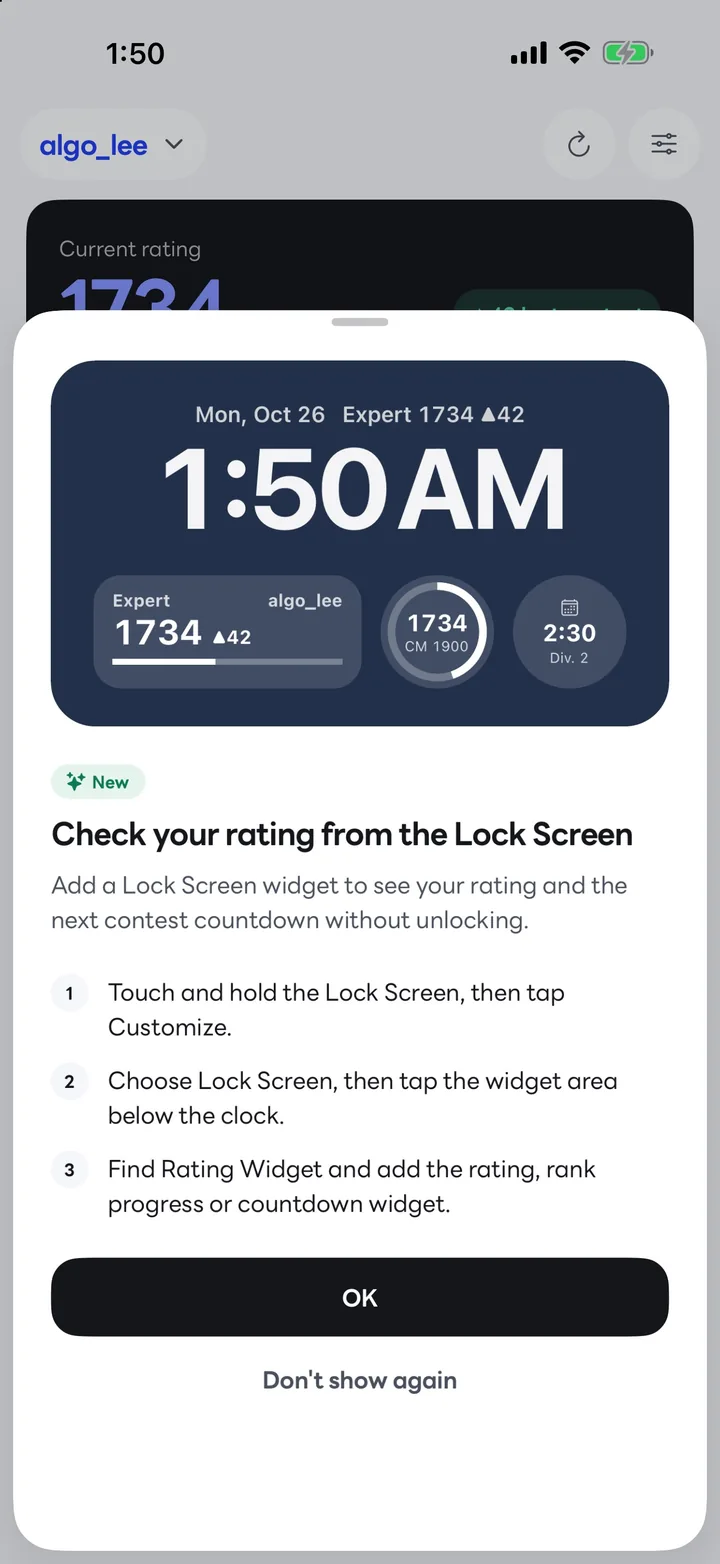 Lock Screen widget preview: rating 1734 with a rank bar, next rank ring and contest countdown