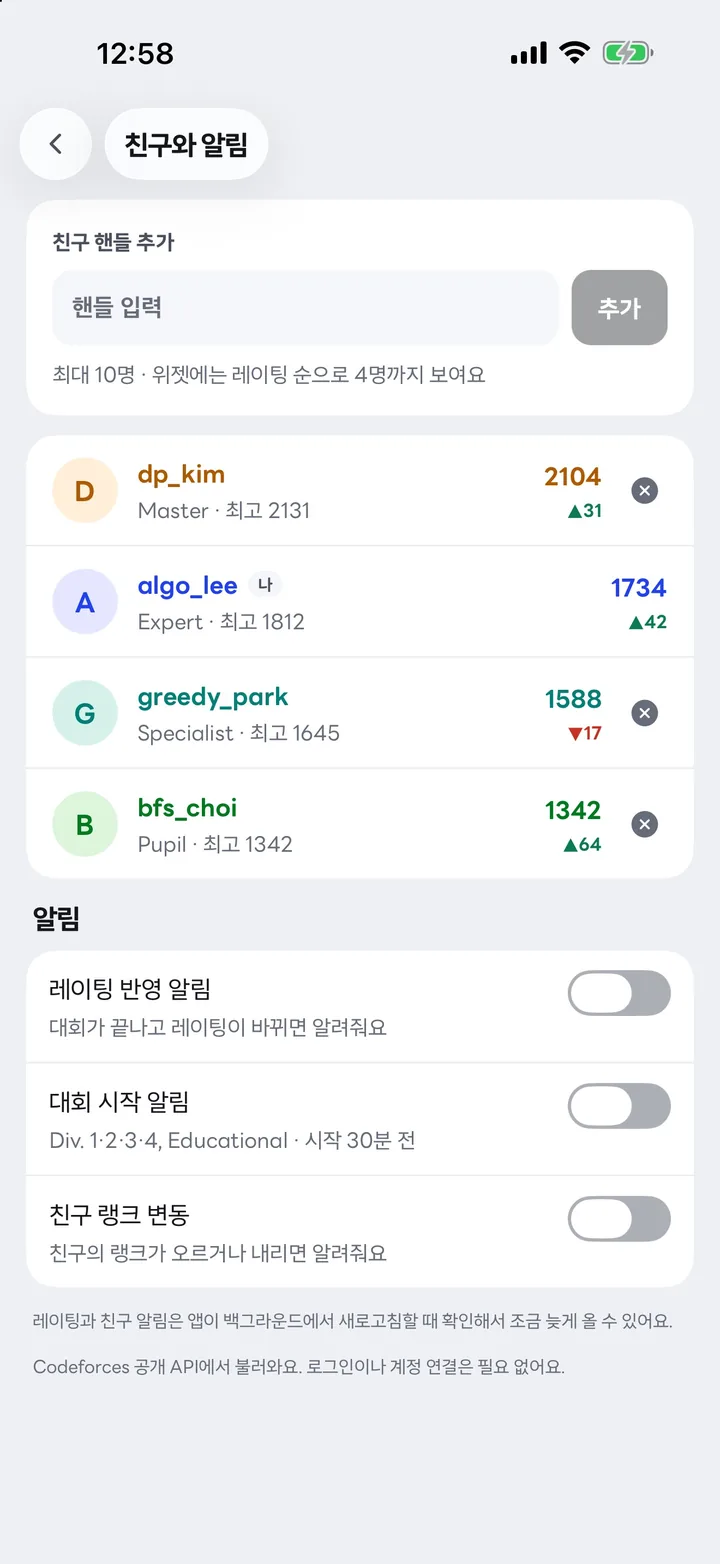 친구와 알림 화면: 친구 핸들 추가, 친구 네 명의 레이팅 순위, 레이팅 반영·대회 시작·친구 랭크 변동 알림 설정